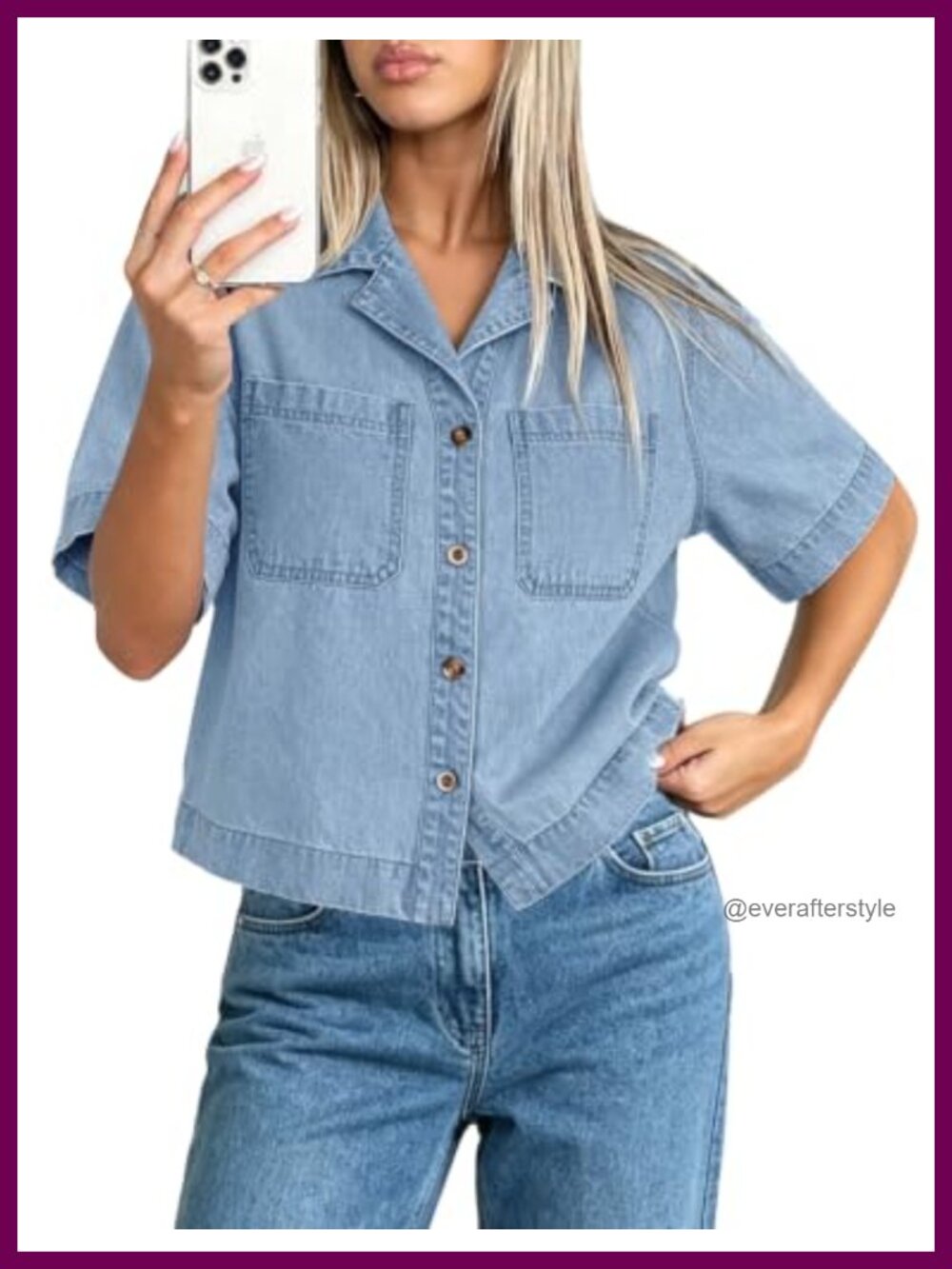 Women's Cropped Denim Top Short Sleeve Button Down Shirt Casual Jean Shirt